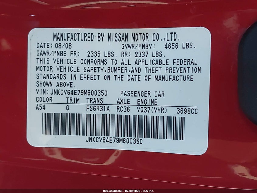 2009 Infiniti G37 Sport VIN: JNKCV64E79M600350 Lot: 45584368