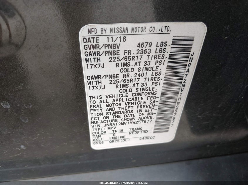 2017 Nissan Rogue Sv VIN: JN8AT2MV1HW257677 Lot: 45584437