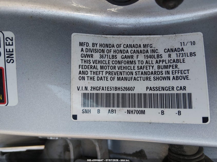 2011 HONDA CIVIC SEDAN 1.8L I-4 VVT, 140HP