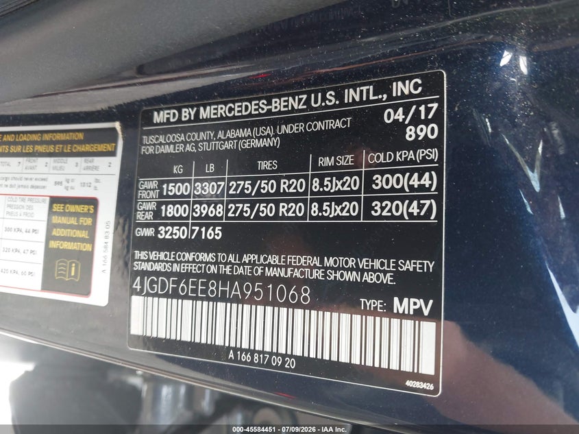 2017 Mercedes-Benz Gls 450 4Matic VIN: 4JGDF6EE8HA951068 Lot: 45584451