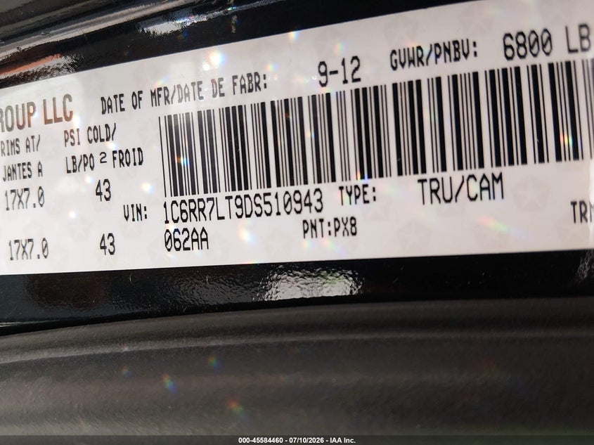 2013 Ram 1500 Outdoorsman VIN: 1C6RR7LT9DS510943 Lot: 45584460