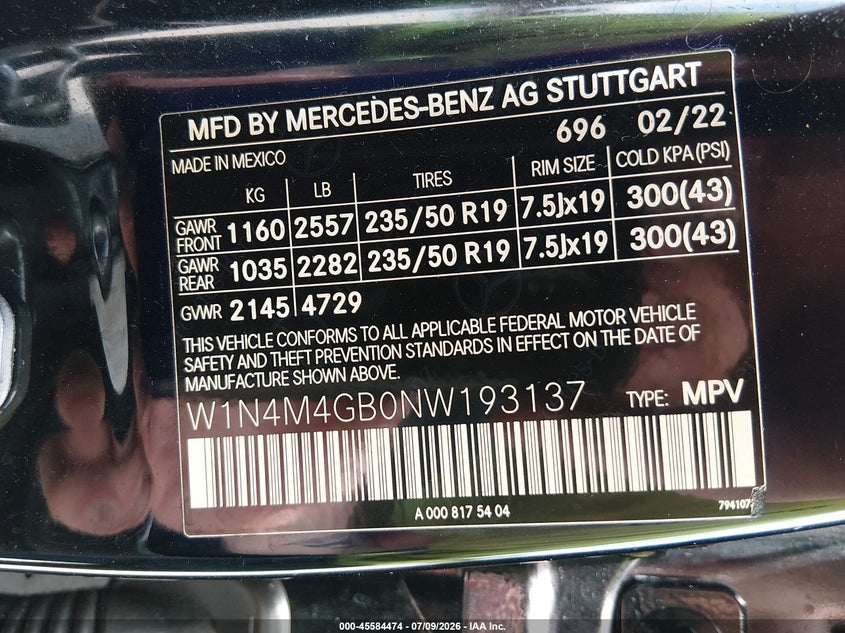 2022 Mercedes-Benz Glb 250 VIN: W1N4M4GB0NW193137 Lot: 45584474