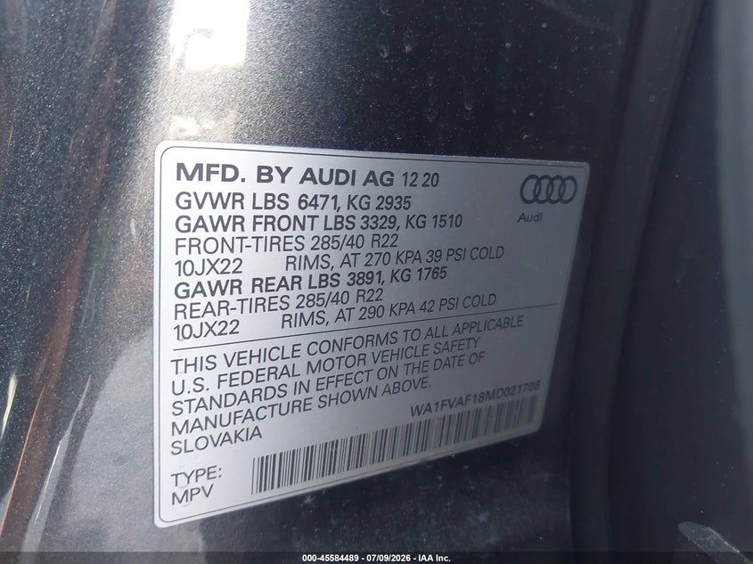 2021 Audi Q8 Prestige 55 Tfsi Quattro Tiptronic VIN: WA1FVAF18MD021706 Lot: 45584489