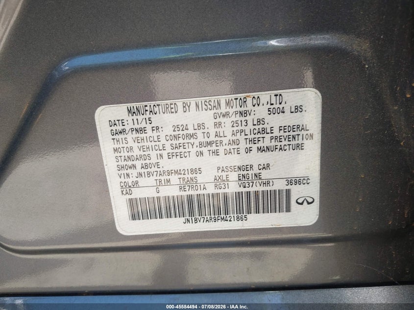 2015 Infiniti Q50 Premium VIN: JN1BV7AR9FM421865 Lot: 45584494