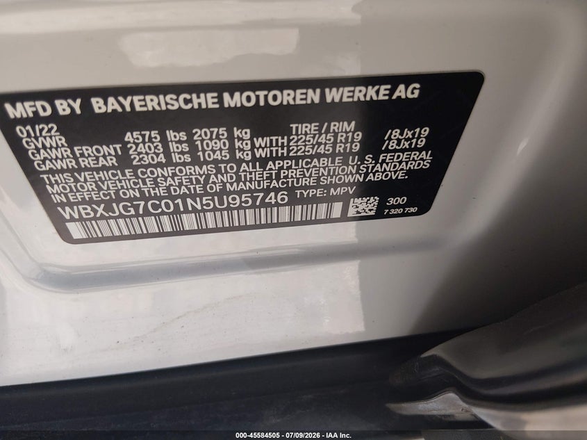 2022 BMW X1 Sdrive28I VIN: WBXJG7C01N5U95746 Lot: 45584505
