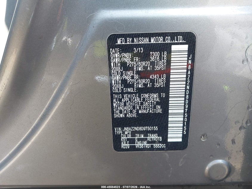 2013 Infiniti Qx56 VIN: JN8AZ2ND8D9750155 Lot: 45584523