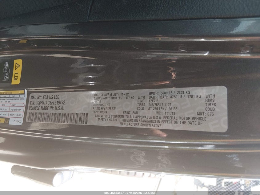 2023 Jeep Gladiator Sport S 4X4 VIN: 1C6HJTAG8PL519472 Lot: 45584527