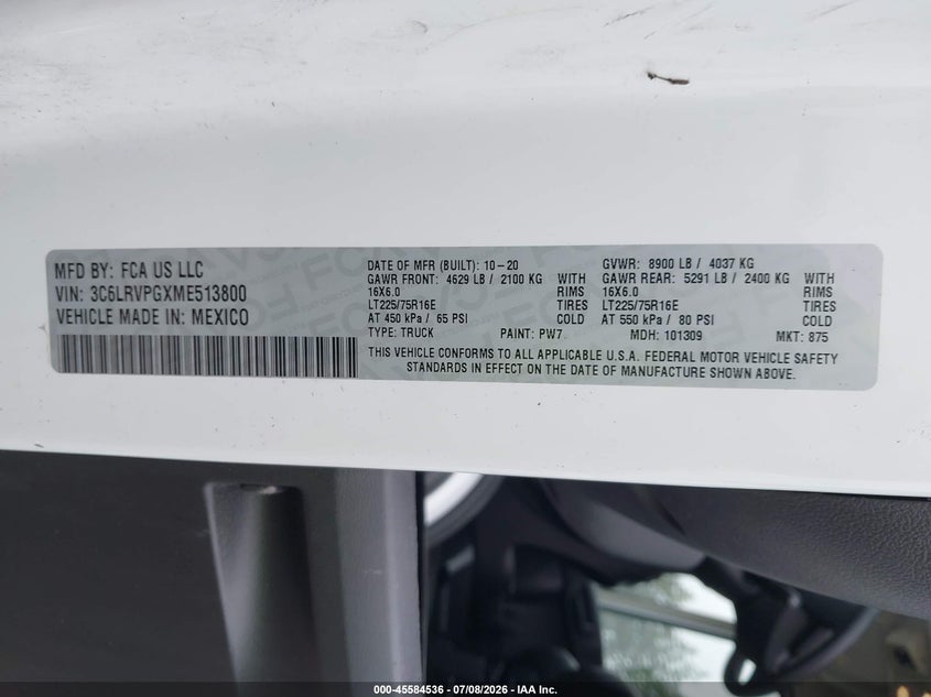 2021 Ram Promaster 2500 Window Van High Roof 159 Wb VIN: 3C6LRVPGXME513800 Lot: 45584536