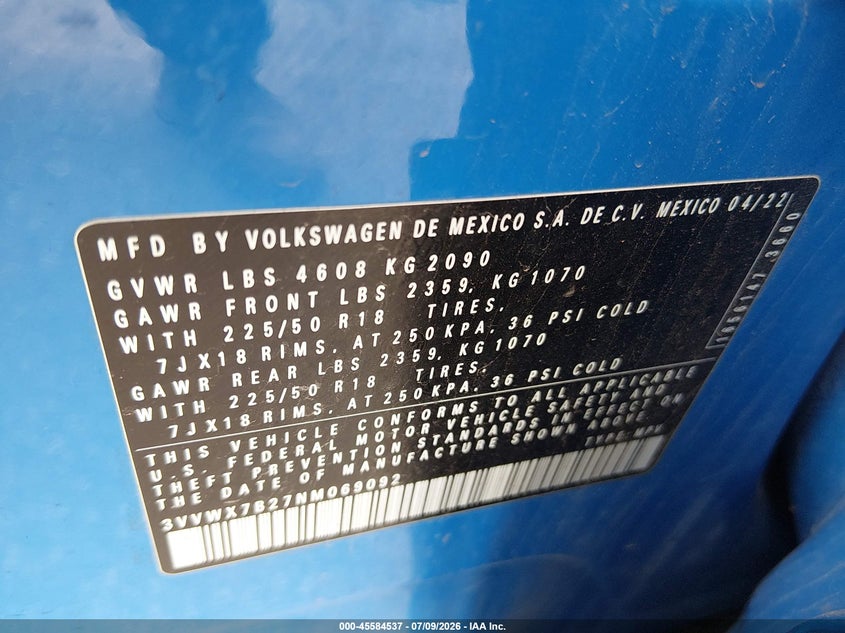 2022 Volkswagen Taos 1.5T Se VIN: 3VVWX7B27NM069092 Lot: 45584537