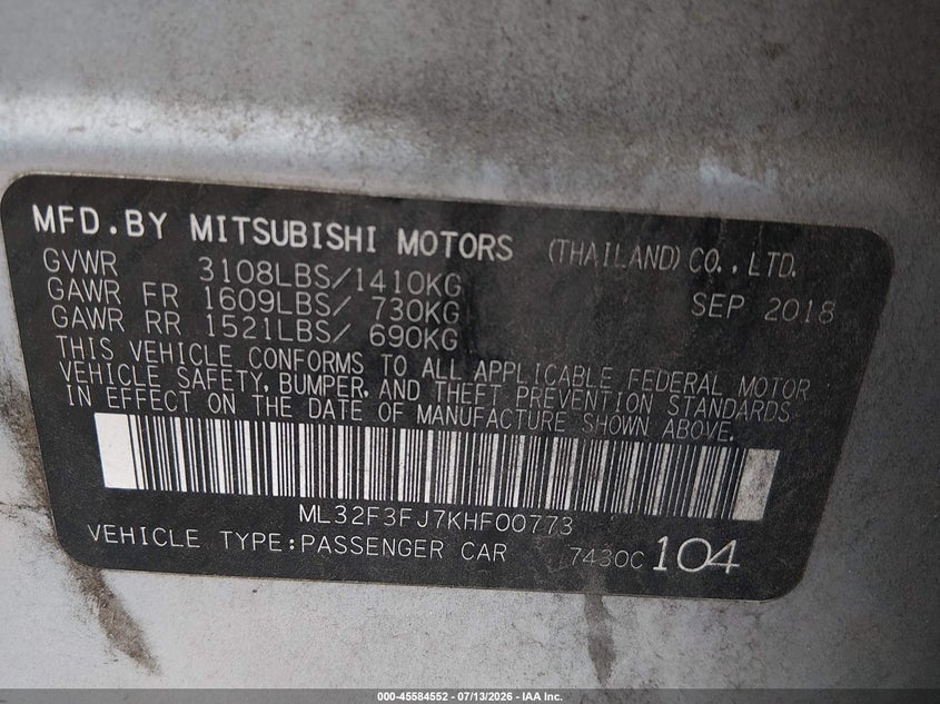 2019 Mitsubishi Mirage G4 Es VIN: ML32F3FJ7KHF00773 Lot: 45584552