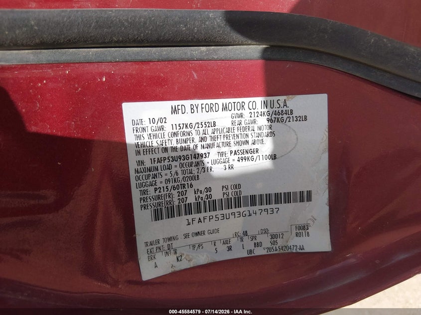 2003 Ford Taurus Se VIN: 1FAFP53U93G147937 Lot: 45584579