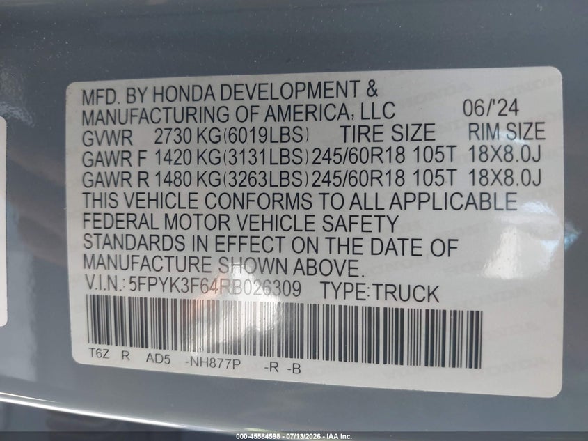 2024 Honda Ridgeline Trailsport VIN: 5FPYK3F64RB026309 Lot: 45584598