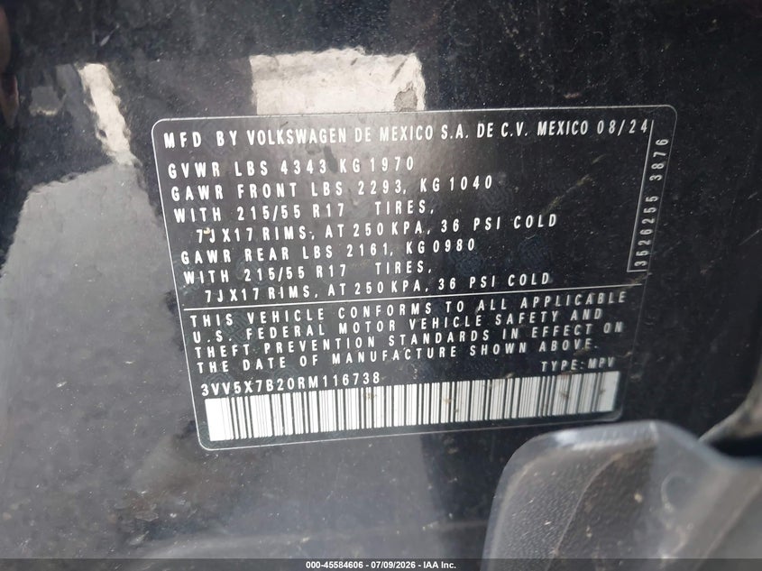 2024 Volkswagen Taos 1.5T S VIN: 3VV5X7B20RM116738 Lot: 45584606