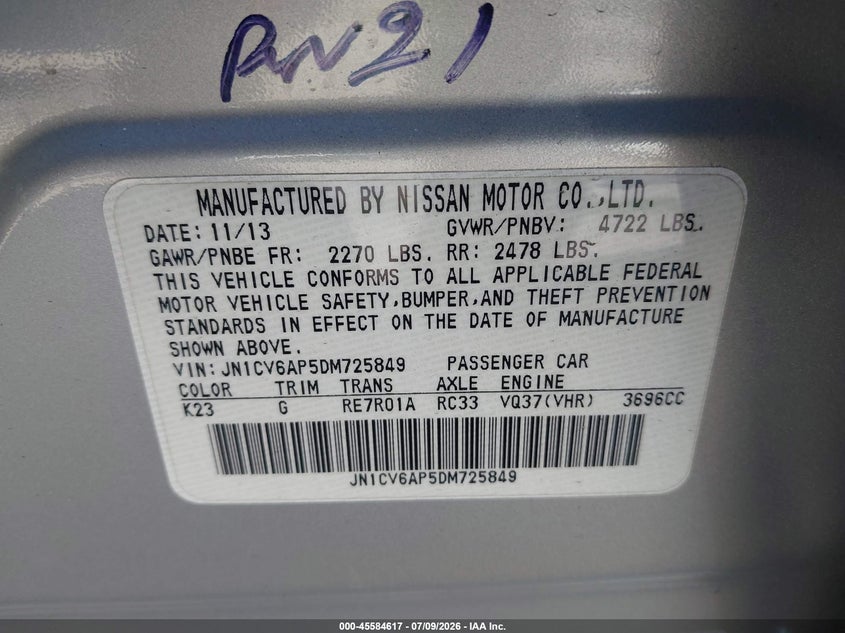 2013 Infiniti G37 Journey VIN: JN1CV6AP5DM725849 Lot: 45584617
