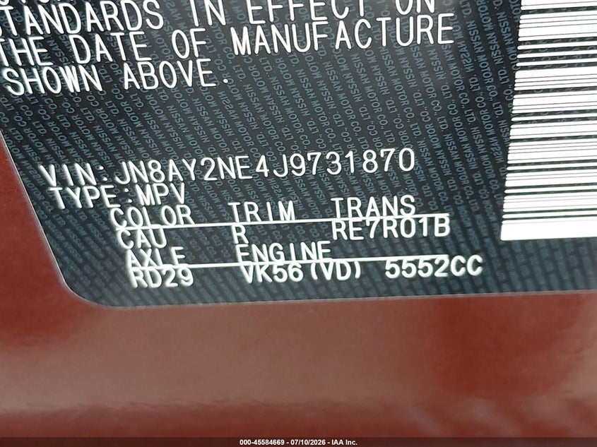 2018 Nissan Armada Platinum VIN: JN8AY2NE4J9731870 Lot: 45584669