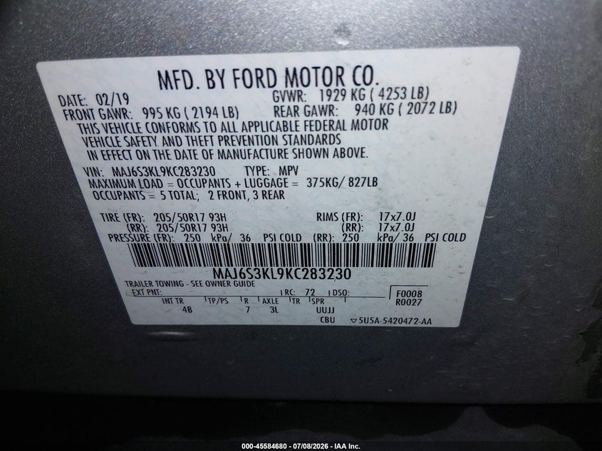2019 Ford Ecosport Titanium VIN: MAJ6S3KL9KC283230 Lot: 45584680