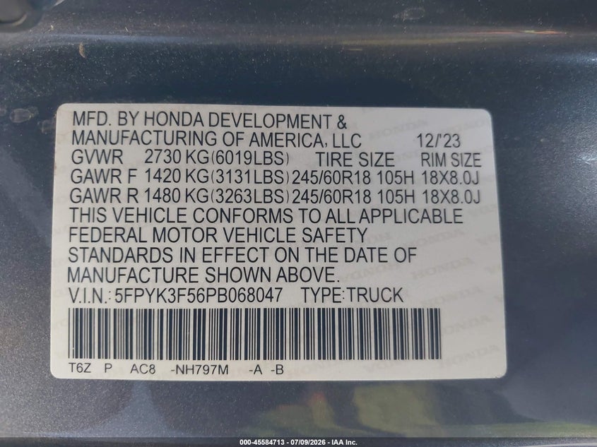 2023 Honda Ridgeline Rtl VIN: 5FPYK3F56PB068047 Lot: 45584713