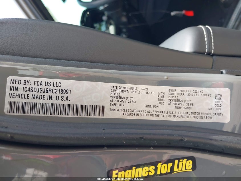 DODGE DURANGO 2024 VIN 1C4SDJGJ6RC218991