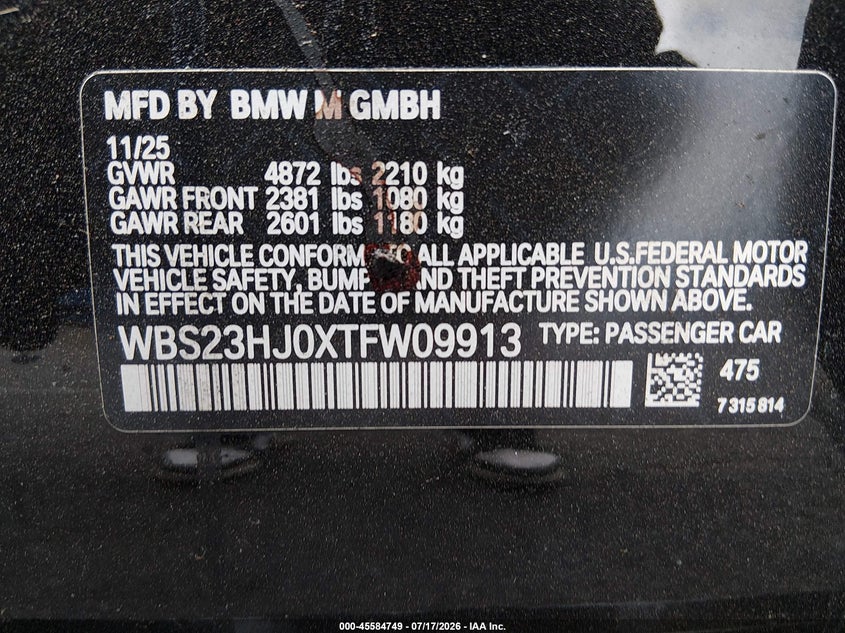 2026 BMW M3 Competition VIN: WBS23HJ0XTFW09913 Lot: 45584749
