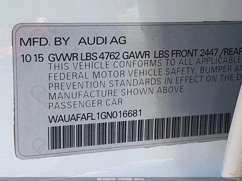 2016 Audi A4 Premium VIN: WAUAFAFL1GN016681 Lot: 45584755
