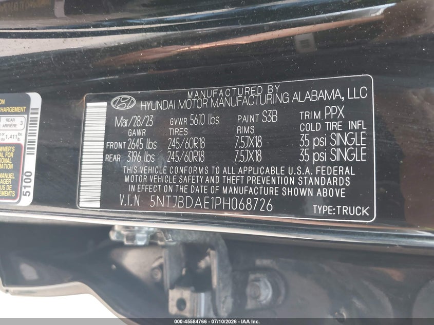 2023 Hyundai Santa Cruz Sel VIN: 5NTJBDAE1PH068726 Lot: 45584766