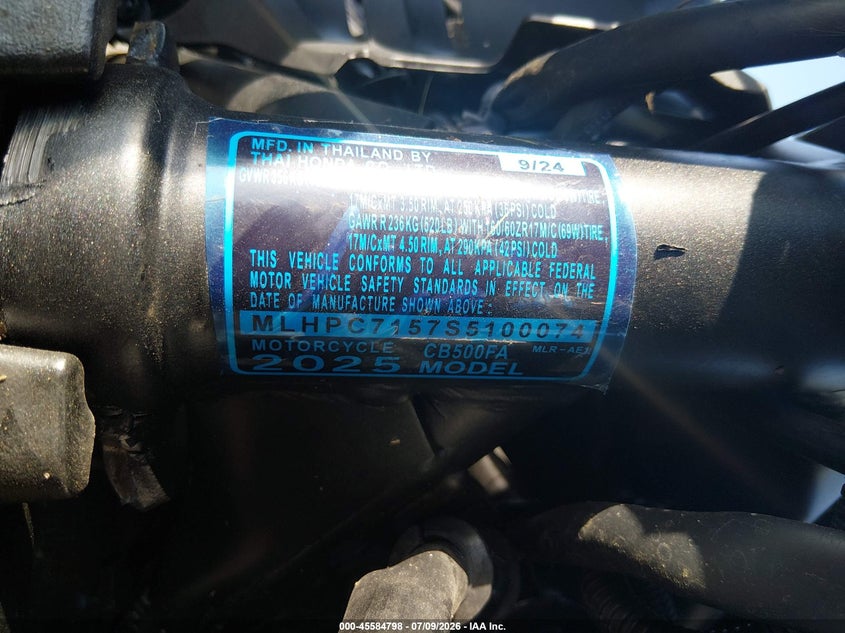 2025 Honda Cb500 F VIN: MLHPC7157S5100074 Lot: 45584798