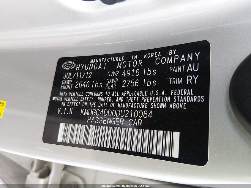 2013 Hyundai Genesis 3.8 VIN: KMHGC4DD0DU210084 Lot: 45584828