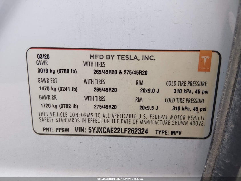 2020 Tesla Model X Long Range Dual Motor All-Wheel Drive/Long Range Plus Dual Motor All-Wheel Drive VIN: 5YJXCAE22LF262324 Lot: 45584849