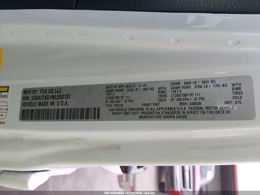 2021 Jeep Gladiator Willys 4X4 VIN: 1C6HJTAG1ML550137 Lot: 45584856