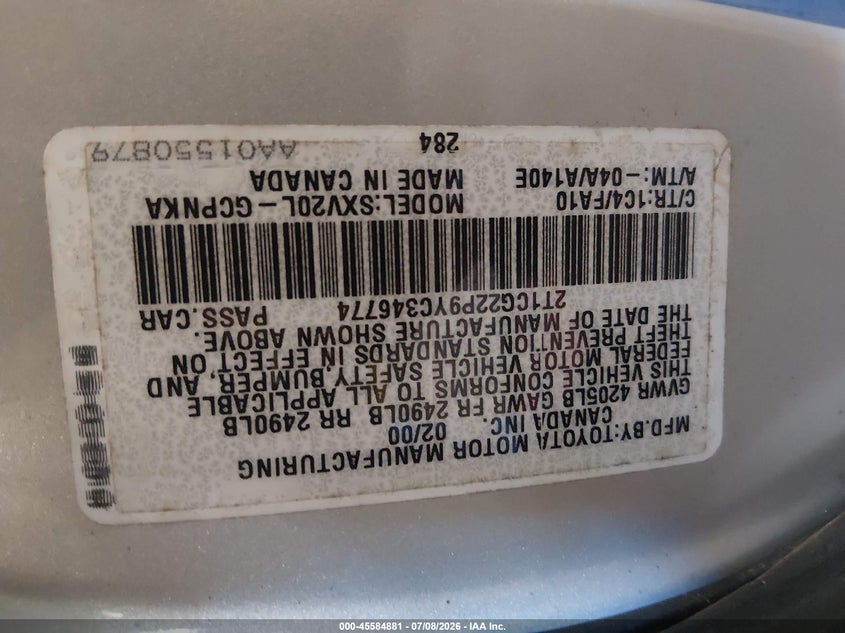 2000 Toyota Camry Solara Se VIN: 2T1CG22P9YC346774 Lot: 45584881