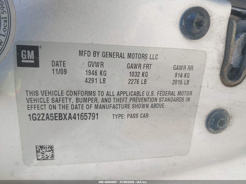 2010 Pontiac G6 VIN: 1G2ZA5EBXA4165791 Lot: 45584897