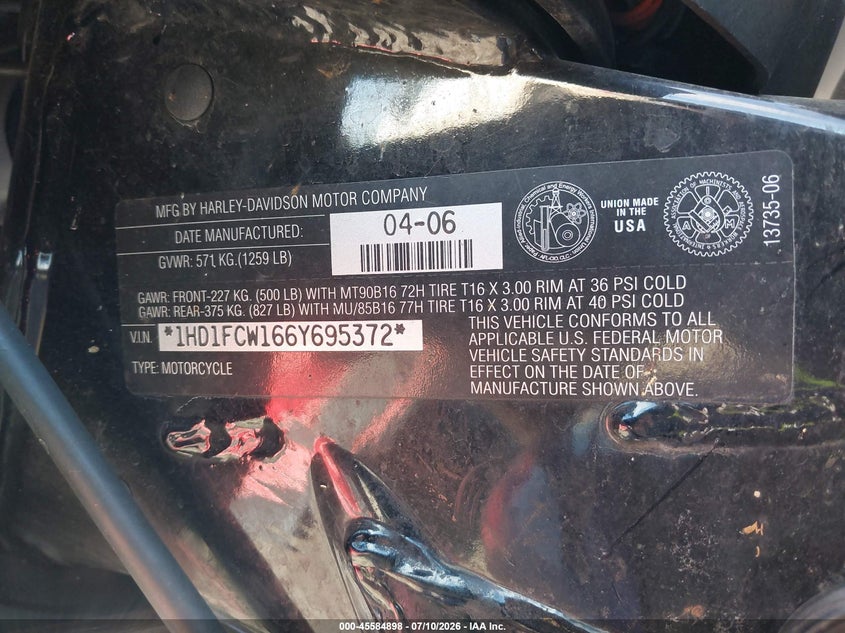 2006 Harley-Davidson Flhtcui VIN: 1HD1FCW166Y695372 Lot: 45584898