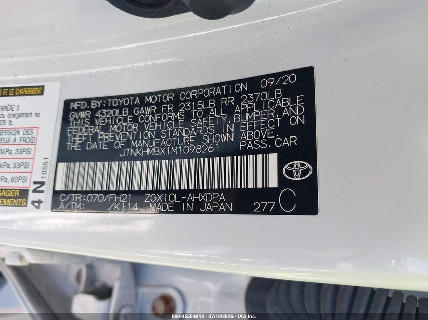 2021 Toyota C-Hr Le VIN: JTNKHMBX1M1098261 Lot: 45584910