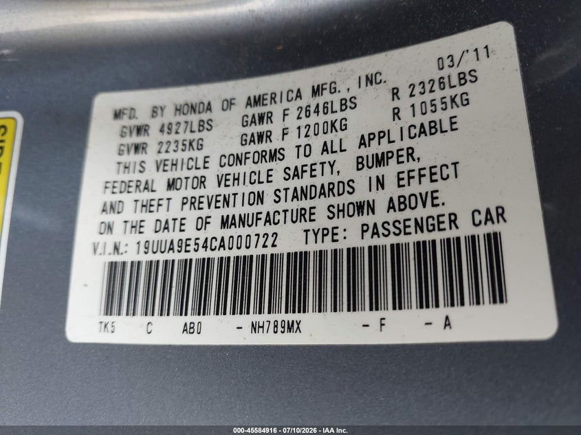 2012 Acura Tl 3.7 VIN: 19UUA9E54CA000722 Lot: 45584916