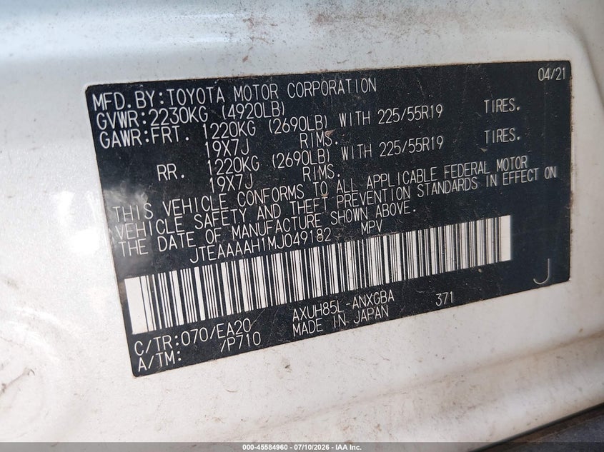 2021 Toyota Venza Xle VIN: JTEAAAAH1MJ049182 Lot: 45584960