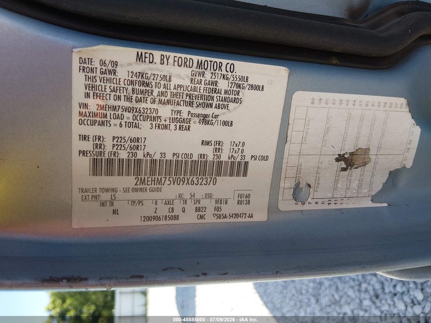 2009 Mercury Grand Marquis Ls (Fleet Only) VIN: 2MEHM75V09X632370 Lot: 45585000