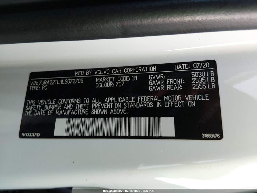 2020 Volvo S60 T6 Inscription VIN: 7JRA22TL1LG072709 Lot: 45585002