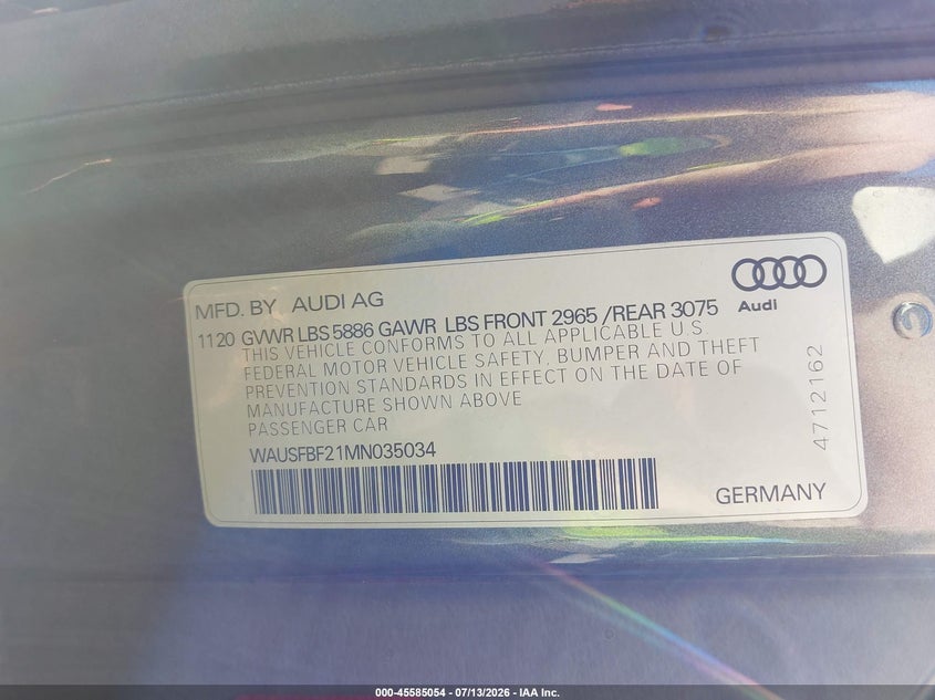 2021 Audi S7 Sportback Prestige Tfsi Quattro Tiptronic VIN: WAUSFBF21MN035034 Lot: 45585054