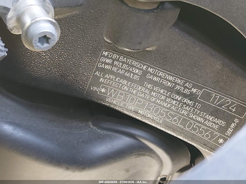 2025 BMW S 1000 Xr VIN: WB10P1305S6L05567 Lot: 45585059