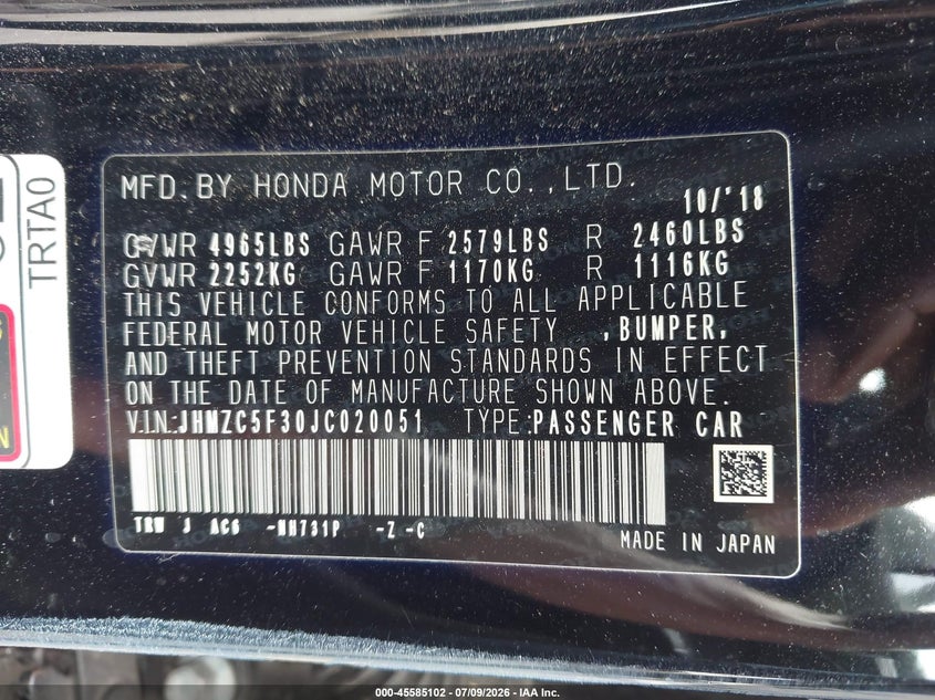 2018 Honda Clarity Plug-In Hybrid Touring VIN: JHMZC5F30JC020051 Lot: 45585102