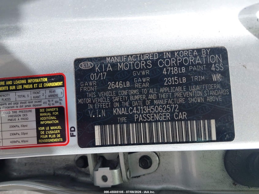 2017 Kia Cadenza Premium VIN: KNALC4J13H5062572 Lot: 45585105