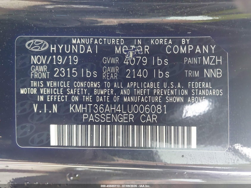 2020 Hyundai Veloster N VIN: KMHT36AH4LU006081 Lot: 45585113