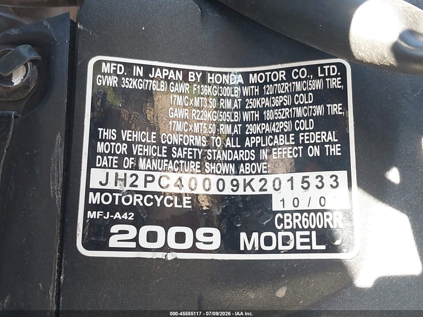 2009 Honda Cbr600 Rr VIN: JH2PC40009K201533 Lot: 45585117