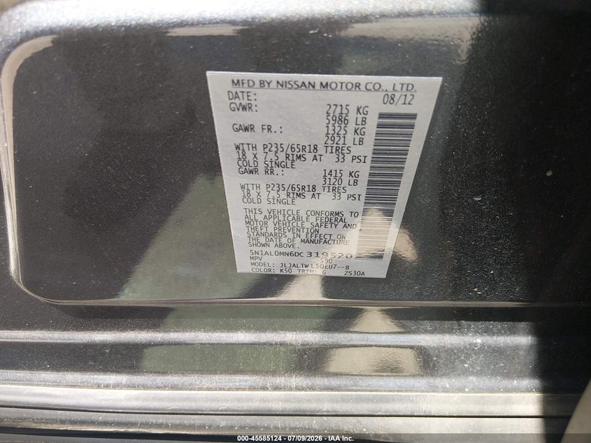 2013 Infiniti Jx35 VIN: 5N1AL0MN6DC319520 Lot: 45585124