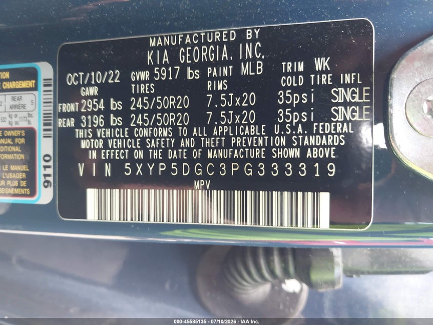 2023 Kia Telluride Sx VIN: 5XYP5DGC3PG333319 Lot: 45585135