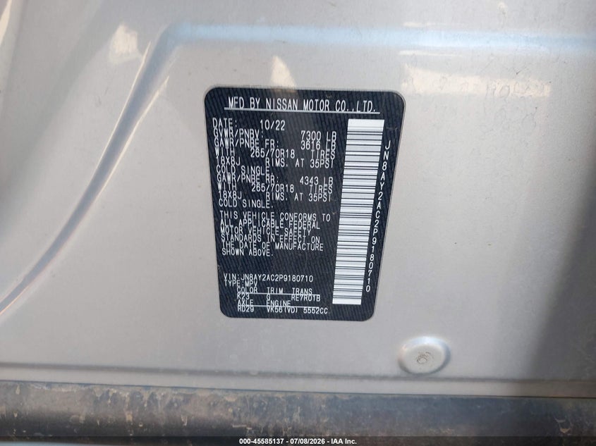 2023 Nissan Armada Sv 2Wd VIN: JN8AY2AC2P9180710 Lot: 45585137