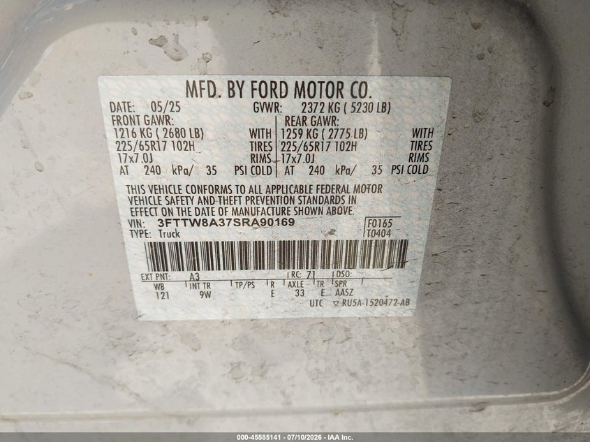 2025 Ford Maverick Xl VIN: 3FTTW8A37SRA90169 Lot: 45585141