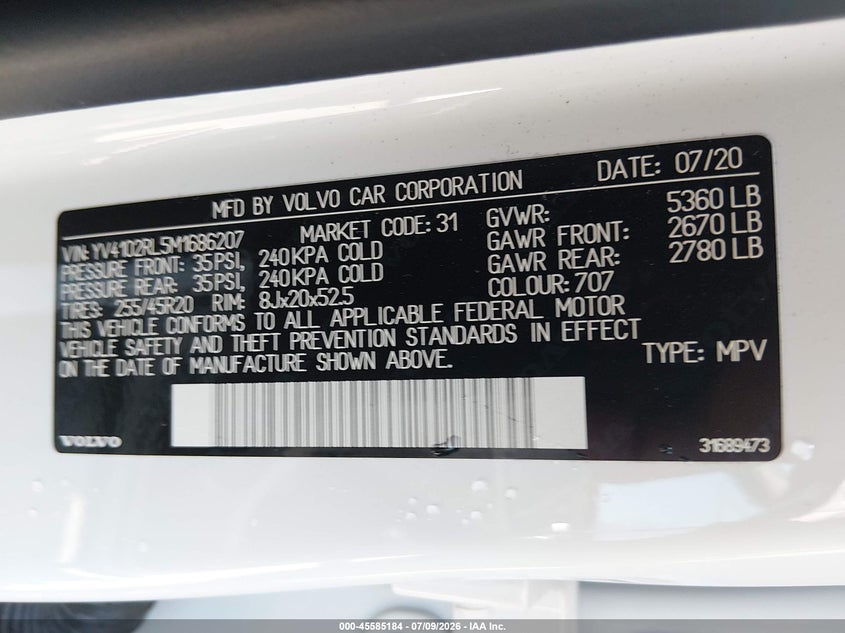 2021 Volvo Xc60 T5 Inscription VIN: YV4102RL5M1686207 Lot: 45585184