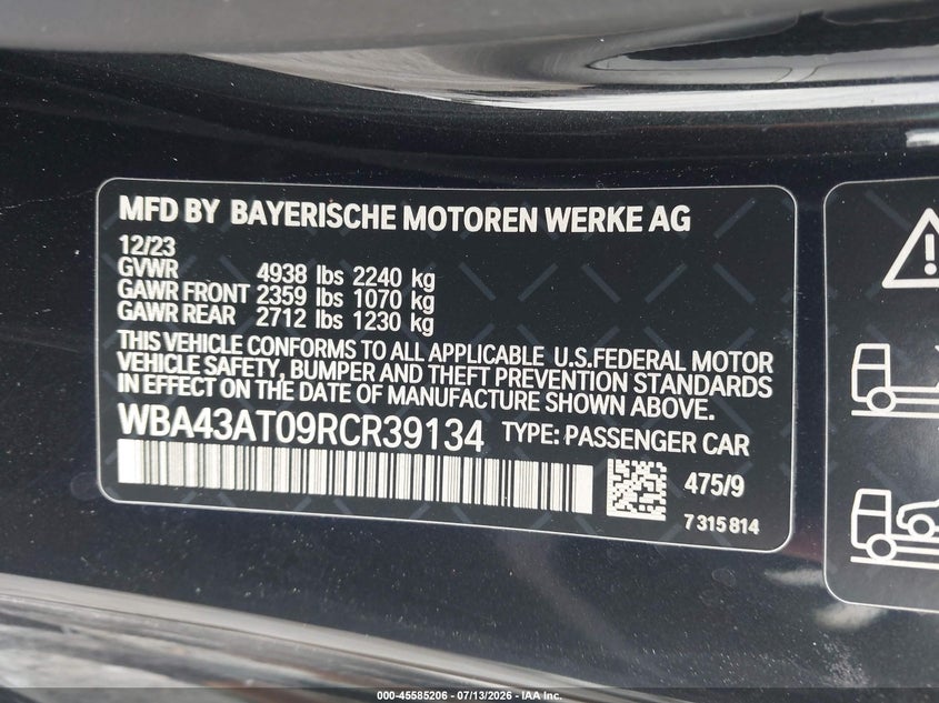 2024 BMW 430I xDrive VIN: WBA43AT09RCR39134 Lot: 45585206
