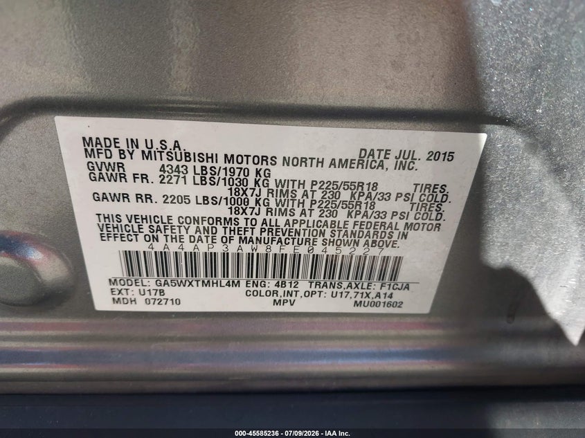 2015 MITSUBISHI OUTLANDER SPORT UTILITY VEHICLE 2.4L I-4 VVT, 166HP